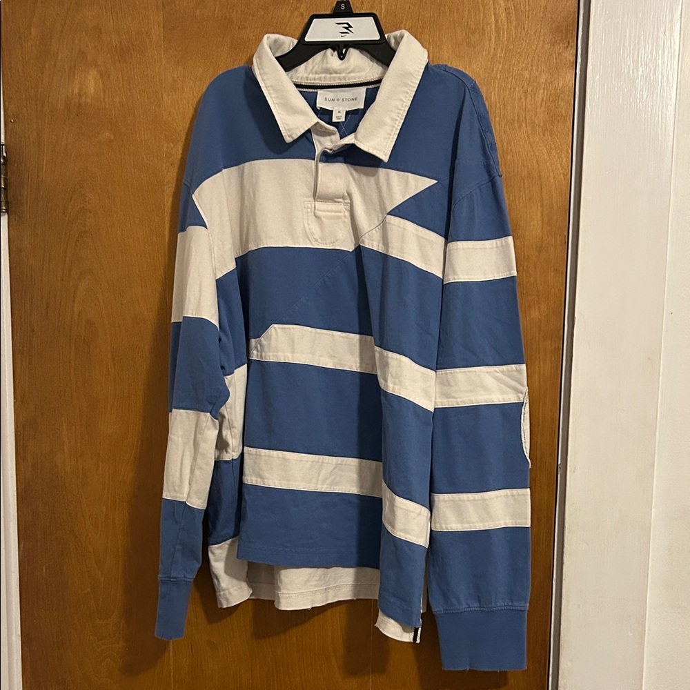 Sun + Stone Blue and White Rugby Shirt
